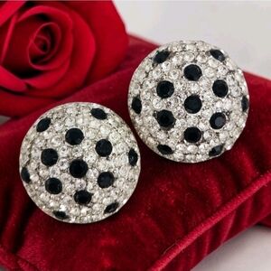 Vintage St. John Signed Black Clear Rhinestone Pave Round Button Clip Earrings